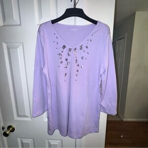 LAURA SCOTT Women's (Missy) L Lavender  V-Neck Top Cotton Sequins Blouse Missy